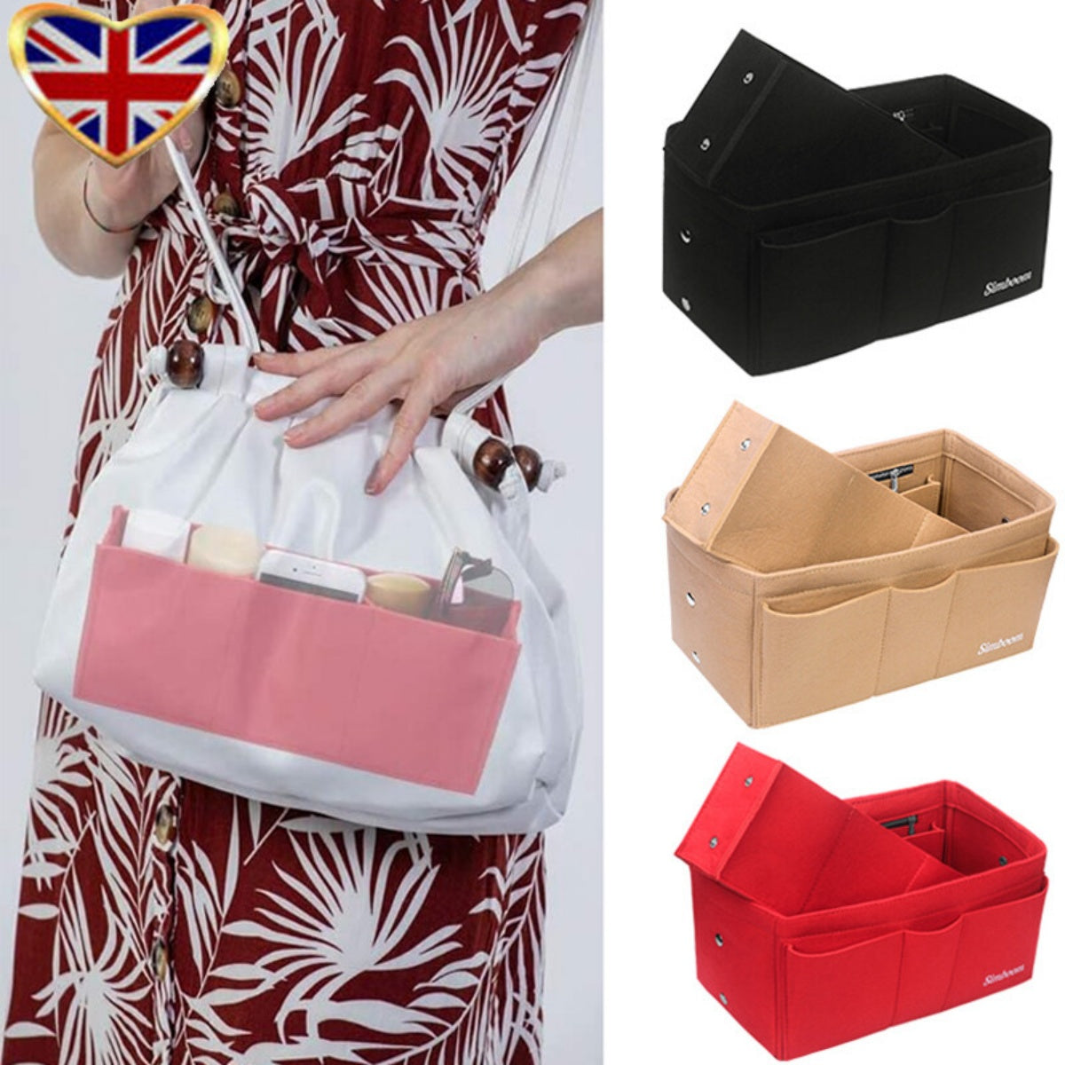 Ladies Felt Handbag Organiser Insert Liner Makeup Travel Bag Purse Pouch M L XL