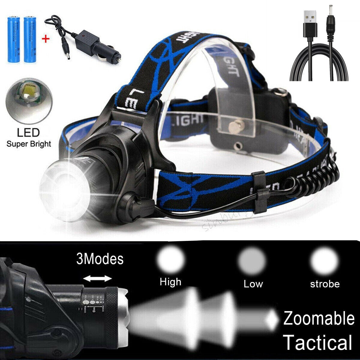 UK Rechargeable LED Headlamp Head Torch Zoom Headlight Super Bright Flashlight 3 Modes Work Light With 2 Li-ion Batteries