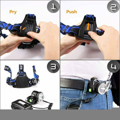 UK Rechargeable LED Headlamp  Head Torch Zoom Headlight Super Bright Flashlight 3 Modes Work Light With 2 Li-ion Batteries