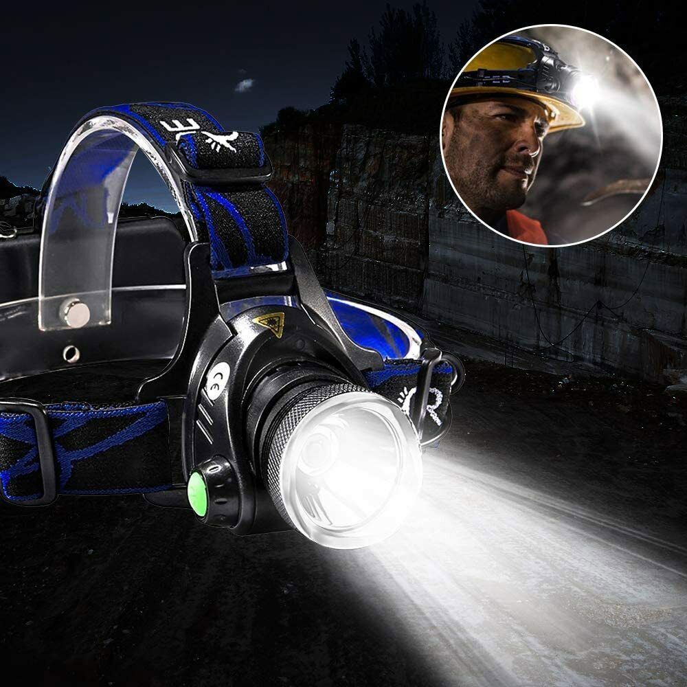 UK Rechargeable LED Headlamp  Head Torch Zoom Headlight Super Bright Flashlight 3 Modes Work Light With 2 Li-ion Batteries
