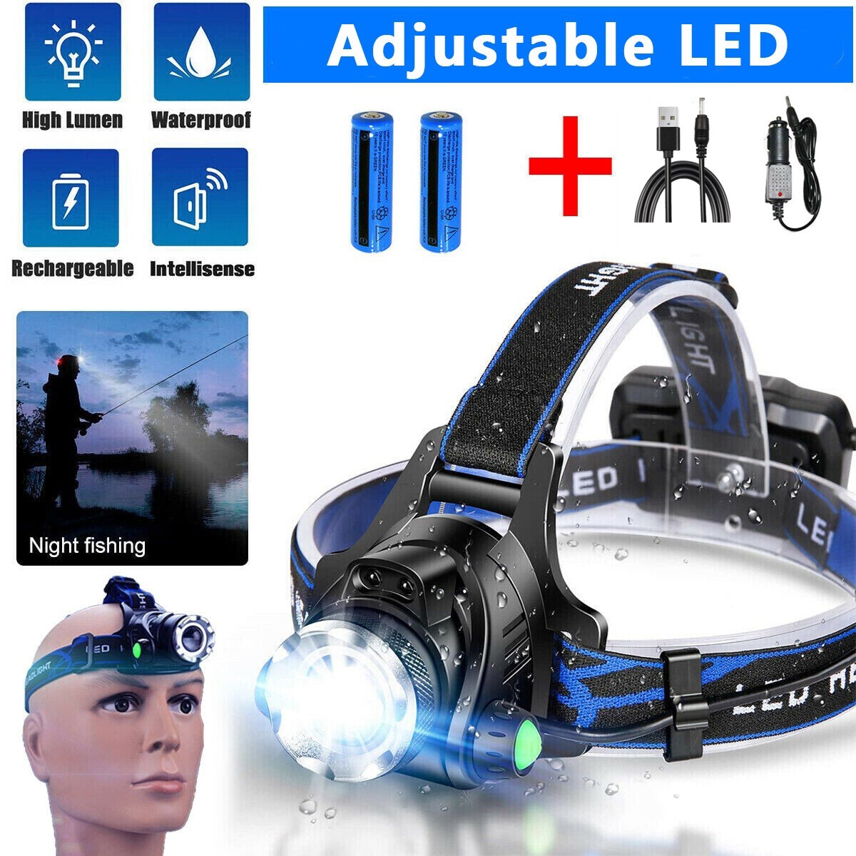 UK Rechargeable LED Headlamp  Head Torch Zoom Headlight Super Bright Flashlight 3 Modes Work Light With 2 Li-ion Batteries