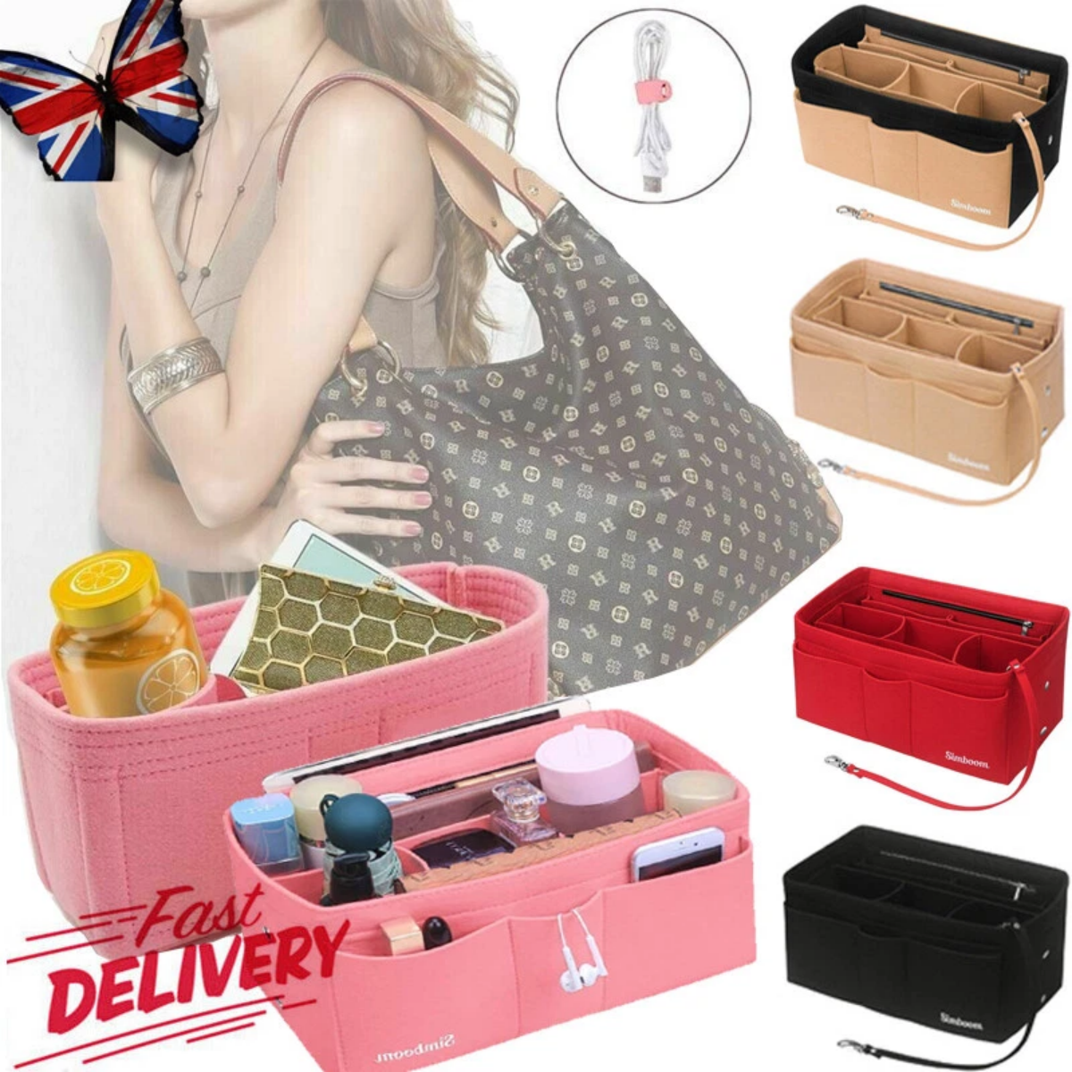 Ladies Felt Handbag Organiser Insert Liner Makeup Travel Bag Purse Pouch M L XL