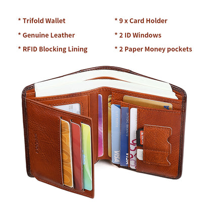 Mens Wallet Genuine Leather RFID Card Holders Cowhide Zip Coin Pocket Wallets For Men--Black