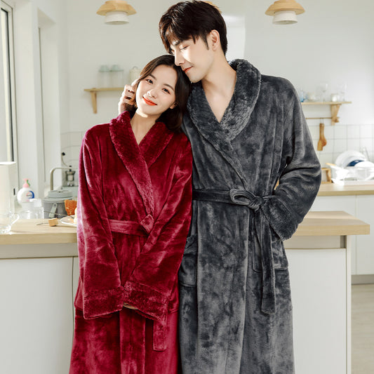 Couples' Flannel Bathrobes Extra-thick And Super-warm Loungewear