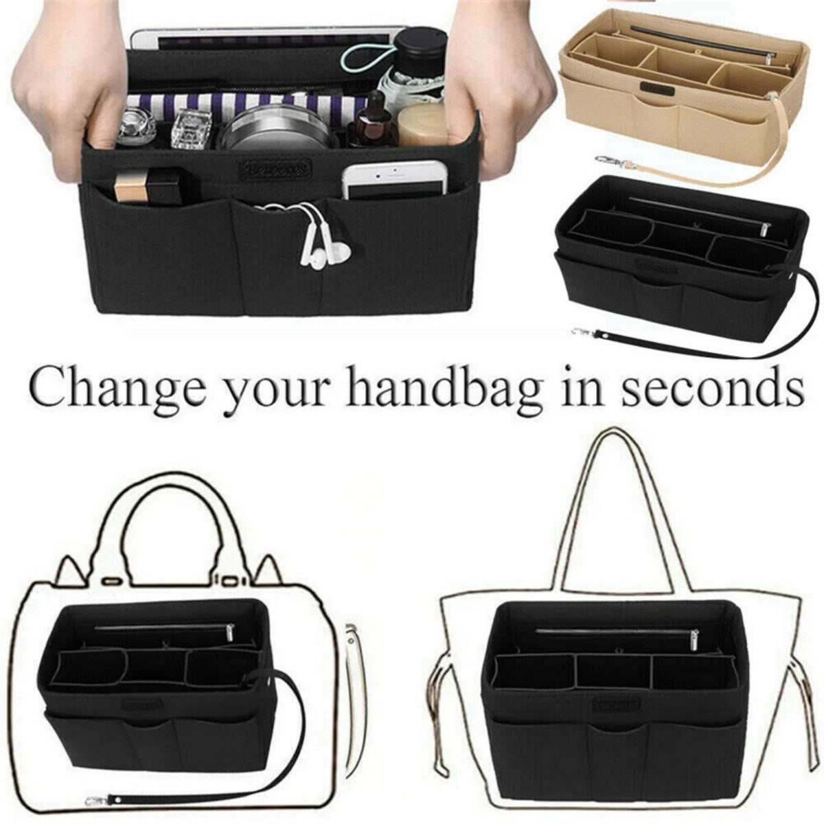 Ladies Felt Handbag Organiser Insert Liner Makeup Travel Bag Purse Pouch M L XL