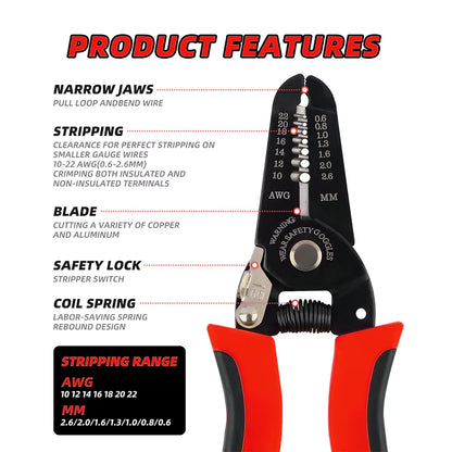 Wire Cable Cutter and Stripper Pliers Tool 10-22AWG (0.6-2.6mm)