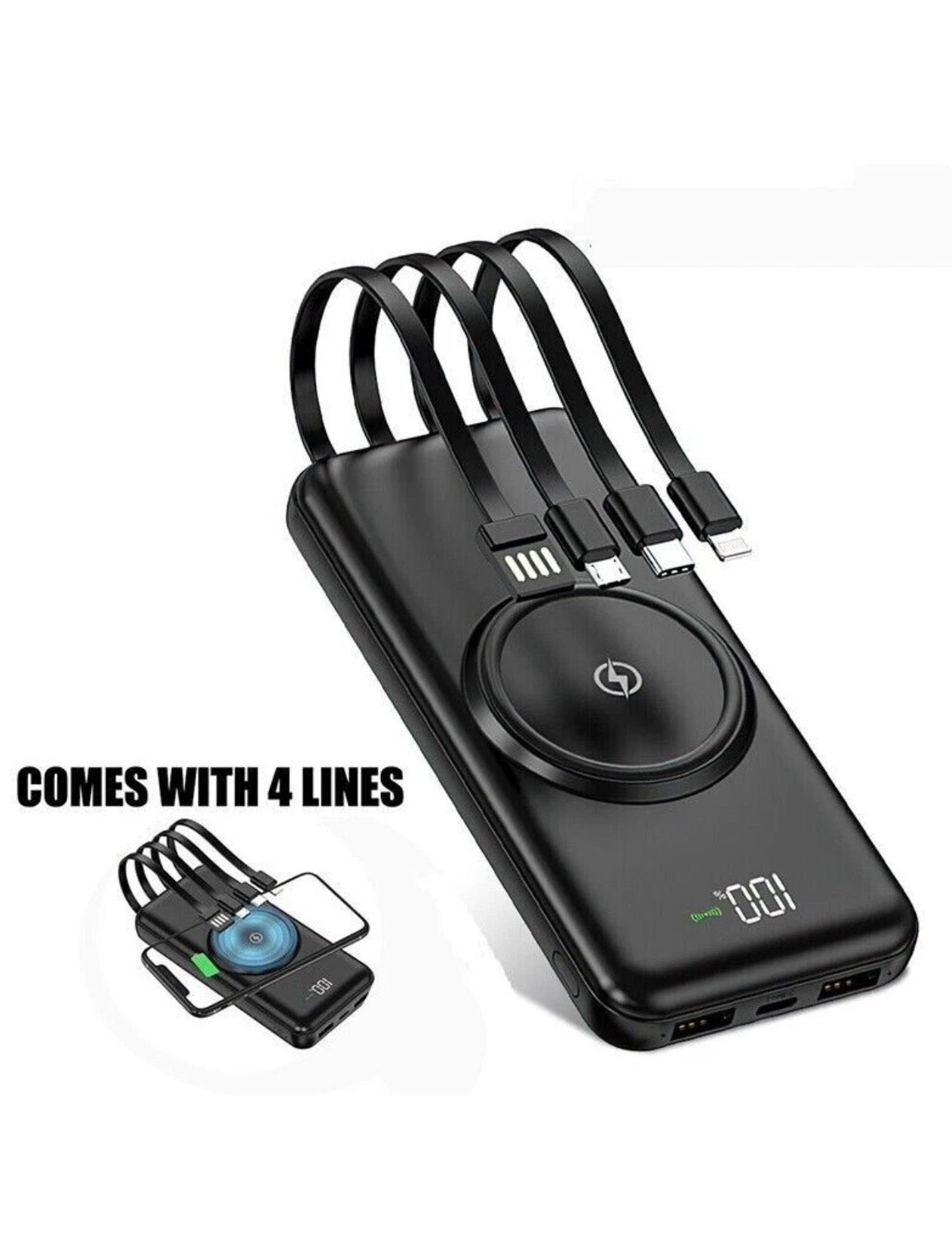 Wireless Power Bank with Built-In Cables & Wireless Charging – Fast Charging Portable Battery Pack