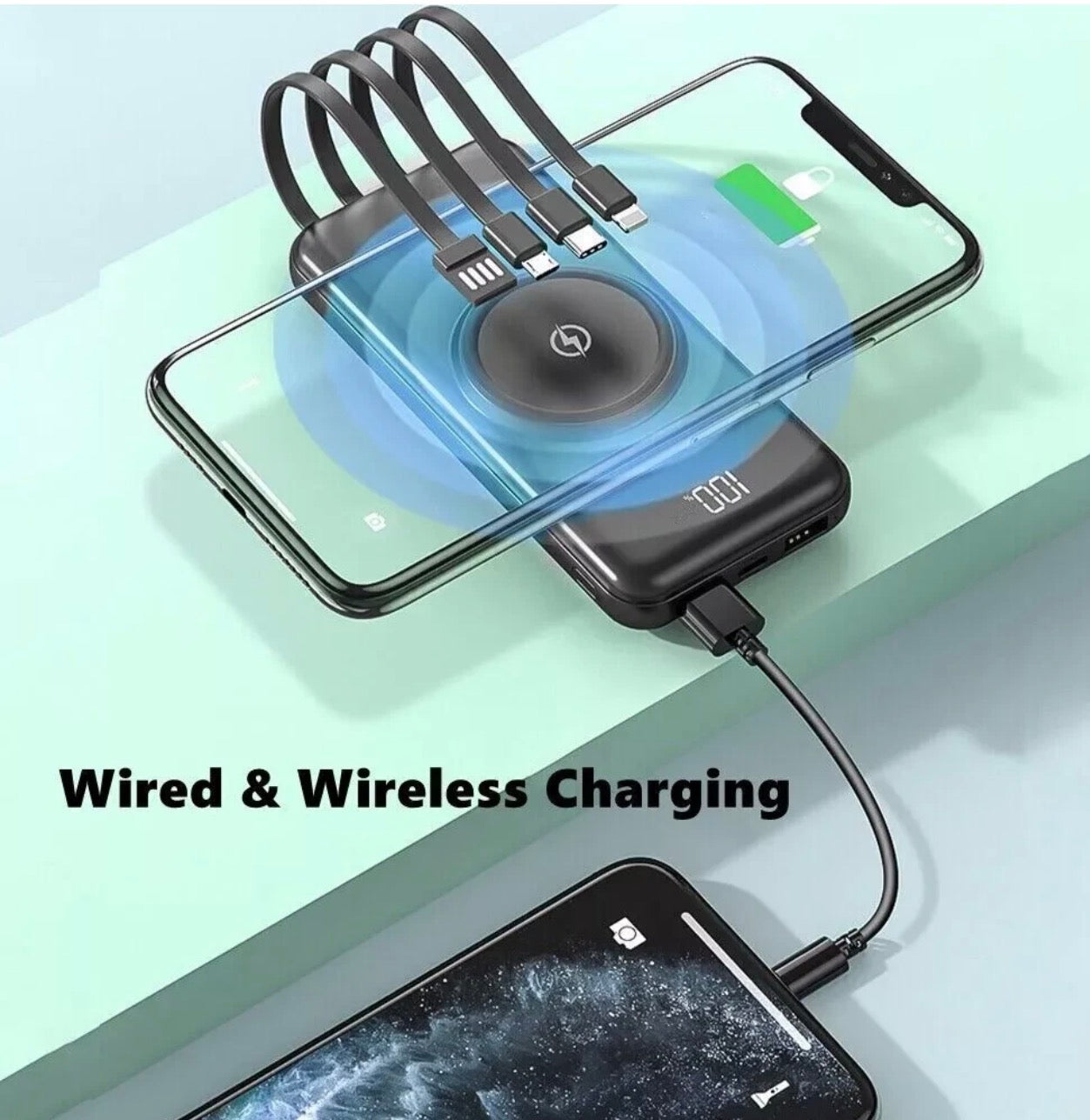 Wireless Power Bank with Built-In Cables & Wireless Charging – Fast Charging Portable Battery Pack