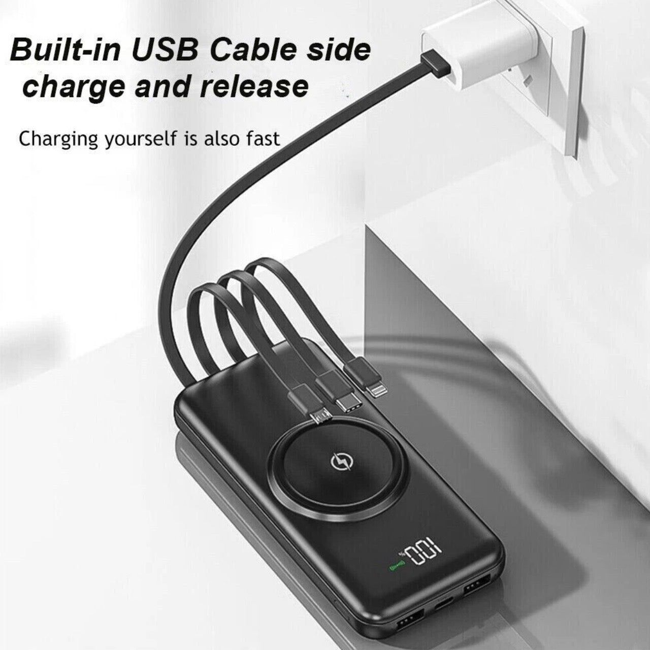 Wireless Power Bank with Built-In Cables & Wireless Charging – Fast Charging Portable Battery Pack