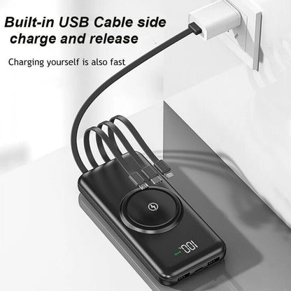 Wireless Power Bank with Built-In Cables & Wireless Charging – Fast Charging Portable Battery Pack