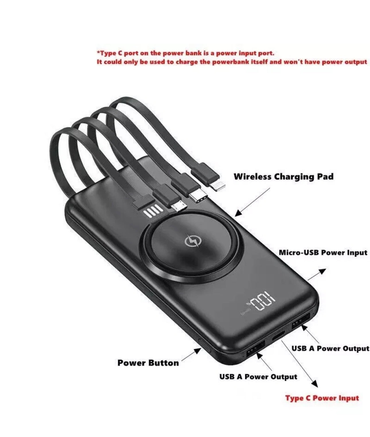 Wireless Power Bank with Built-In Cables & Wireless Charging – Fast Charging Portable Battery Pack