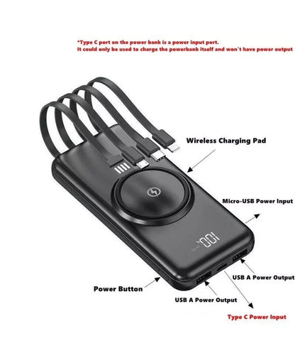 Wireless Power Bank with Built-In Cables & Wireless Charging – Fast Charging Portable Battery Pack
