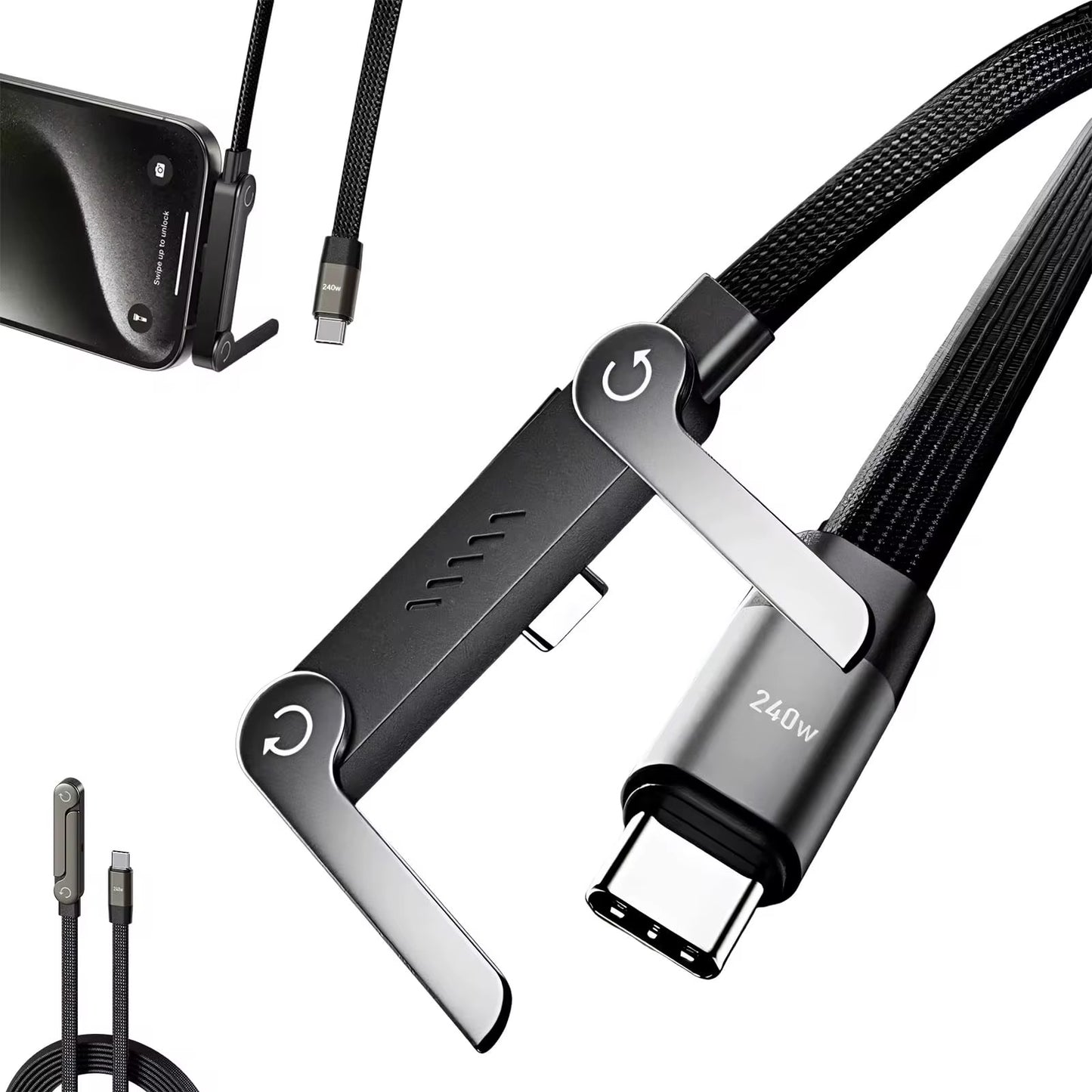 2-in-1 Invisible Holder Charger Cable–240W Fast Charging Cord with Phone Stand