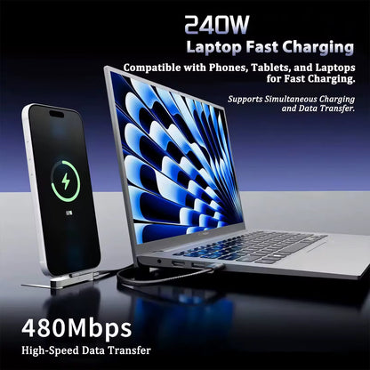 2-in-1 Invisible Holder Charger Cable–240W Fast Charging Cord with Phone Stand