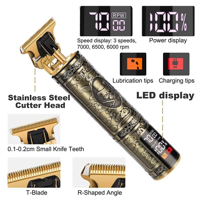 Professional Cordless Hair Trimmer for Men – T-Blade Beard & Hair Clipper with LED Display