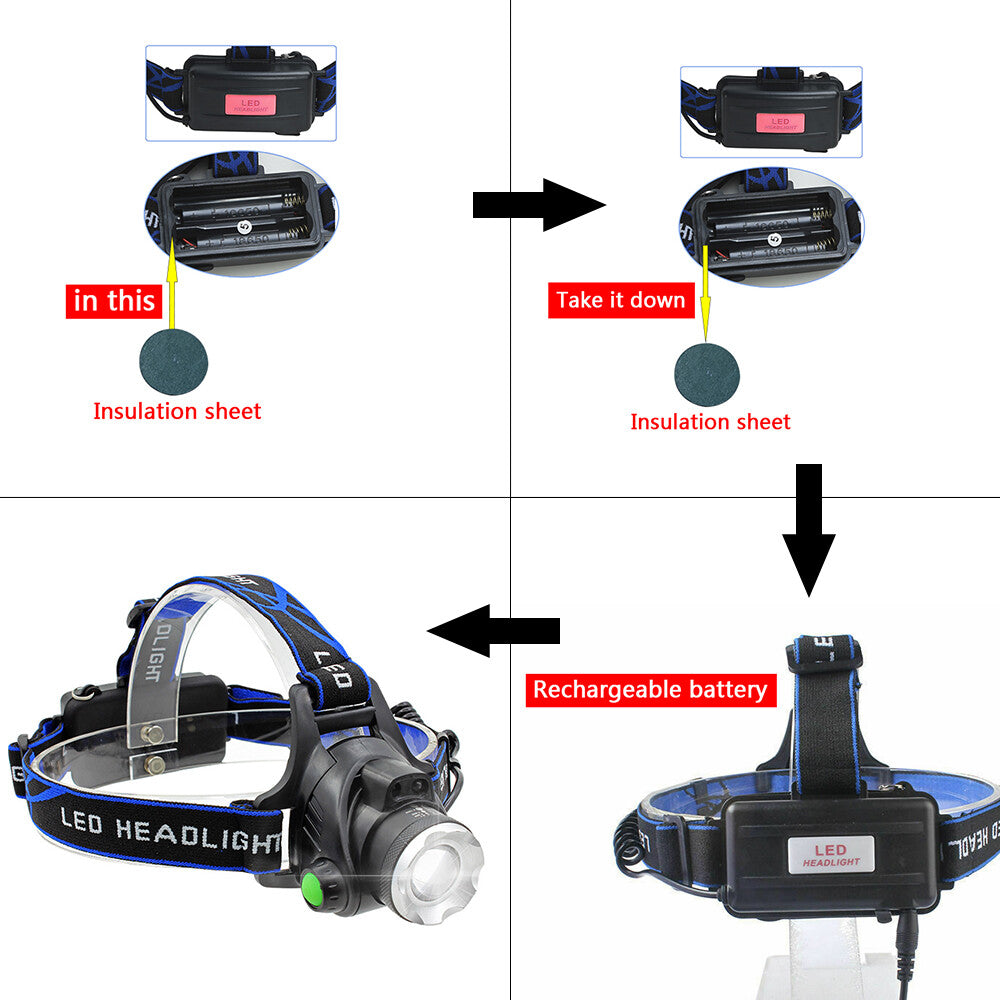 UK Rechargeable LED Headlamp  Head Torch Zoom Headlight Super Bright Flashlight 3 Modes Work Light With 2 Li-ion Batteries