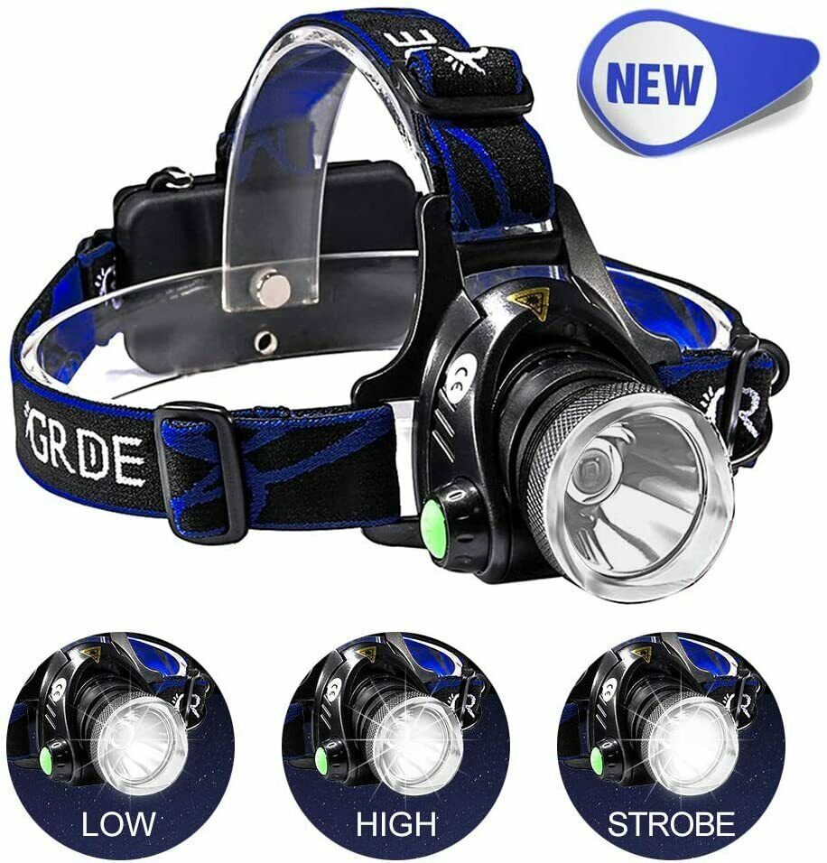 UK Rechargeable LED Headlamp  Head Torch Zoom Headlight Super Bright Flashlight 3 Modes Work Light With 2 Li-ion Batteries