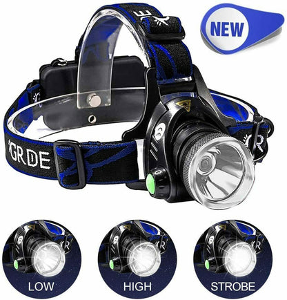 UK Rechargeable LED Headlamp  Head Torch Zoom Headlight Super Bright Flashlight 3 Modes Work Light With 2 Li-ion Batteries