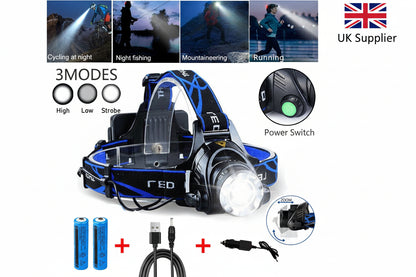 UK Rechargeable LED Headlamp  Head Torch Zoom Headlight Super Bright Flashlight 3 Modes Work Light With 2 Li-ion Batteries