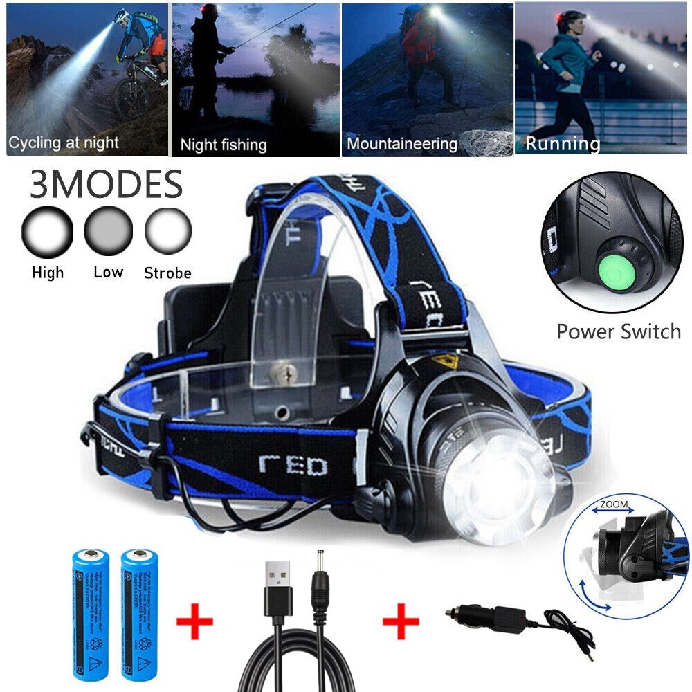 UK Rechargeable LED Headlamp  Head Torch Zoom Headlight Super Bright Flashlight 3 Modes Work Light With 2 Li-ion Batteries