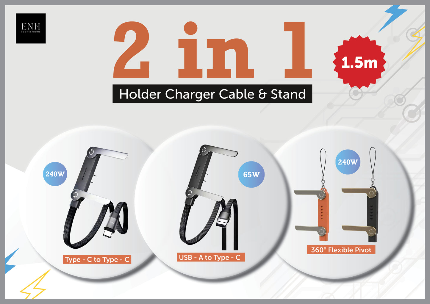 2-in-1 Invisible Holder Charger Cable–240W Fast Charging Cord with Phone Stand